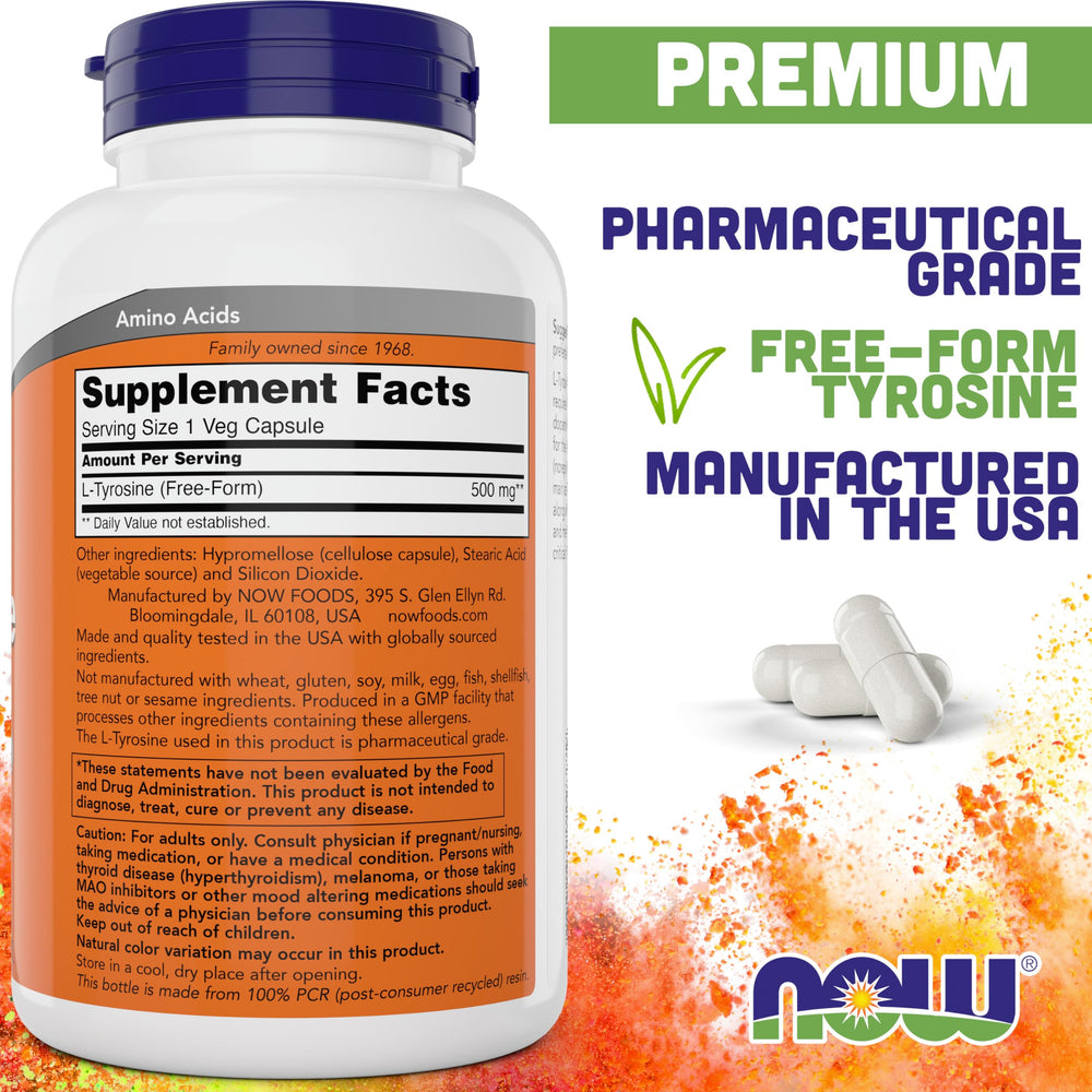 NOW Foods L-Tyrosine 500 mg bottle back view with supplement details