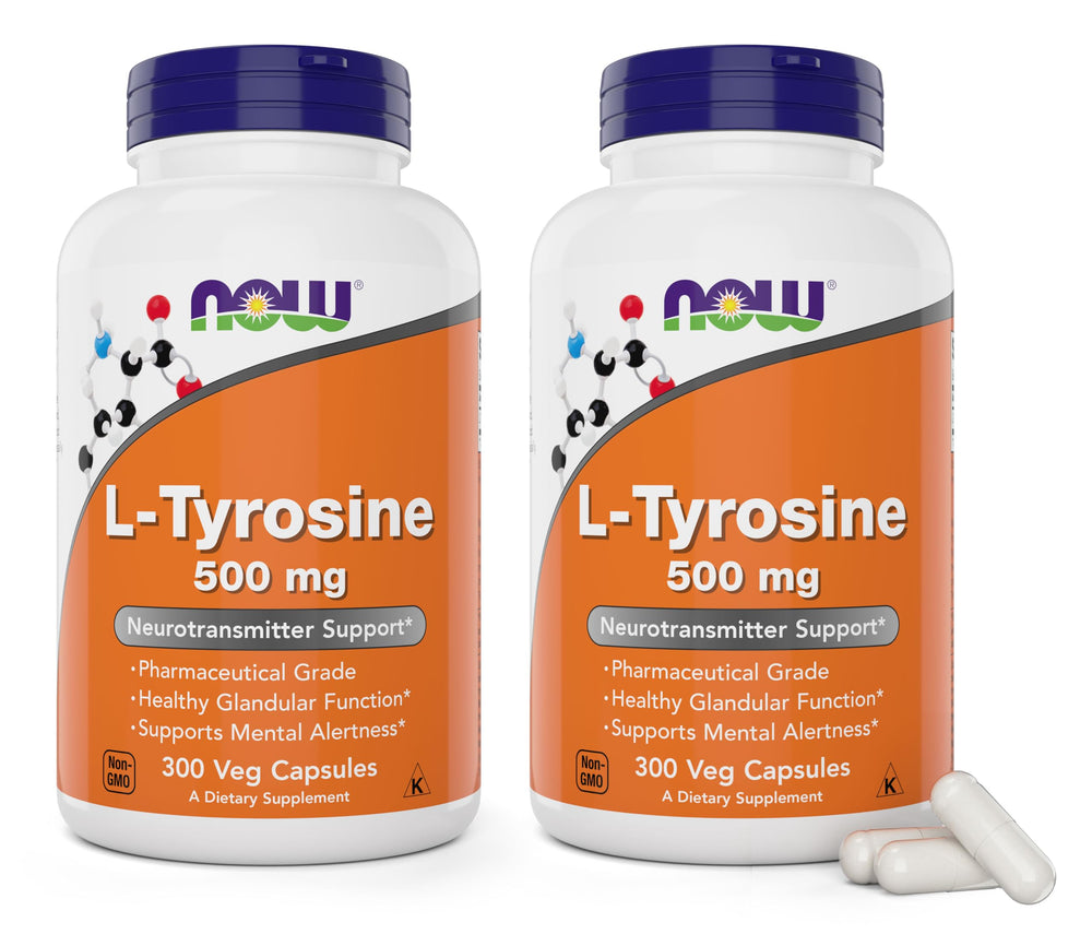 NOW Foods L-Tyrosine 500 mg bottle front view highlighting the product name and dosage