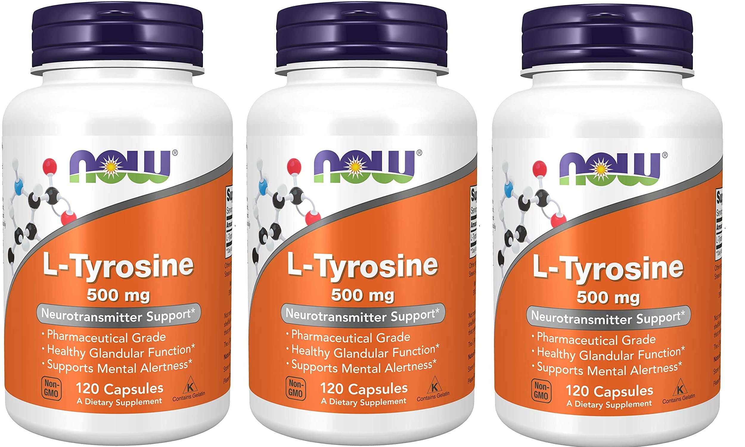 NOW Foods L-Tyrosine 500 mg bottle for daily mental alertness support.
