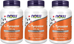 NOW Foods L-Tyrosine 500 mg bottle for daily mental alertness support.
