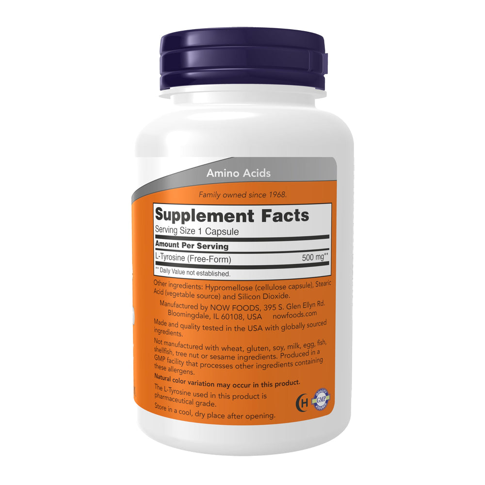 NOW Foods L-Tyrosine bottle back highlights pharmaceutical grade quality for glandular support.