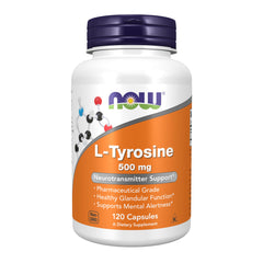 NOW Foods L-Tyrosine 500 mg capsules bottle front supports daily focus.
