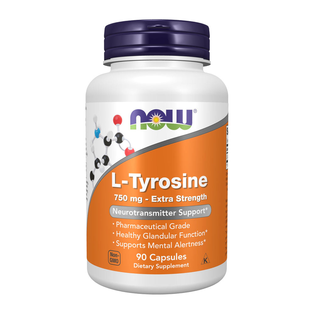 NOW Foods L-Tyrosine 750 mg bottle front supports mental alertness