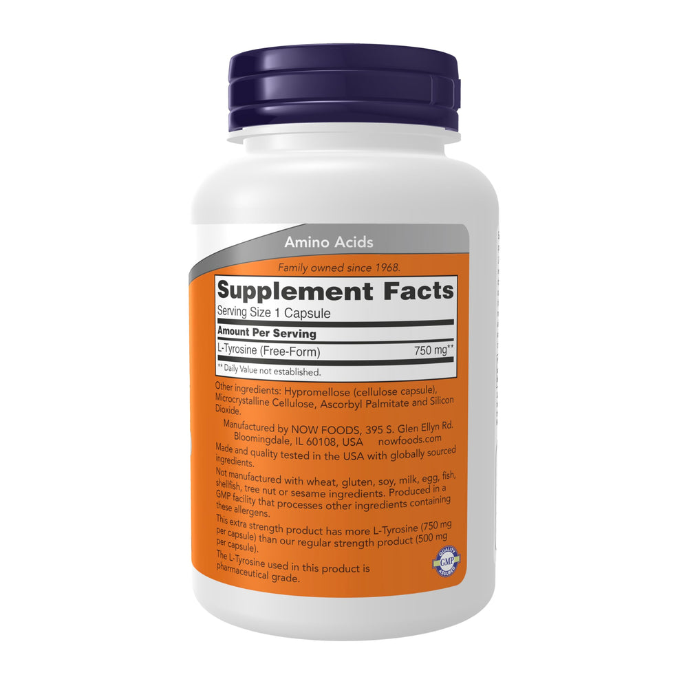 NOW Foods L-Tyrosine capsules close-up shows easy-to-swallow form