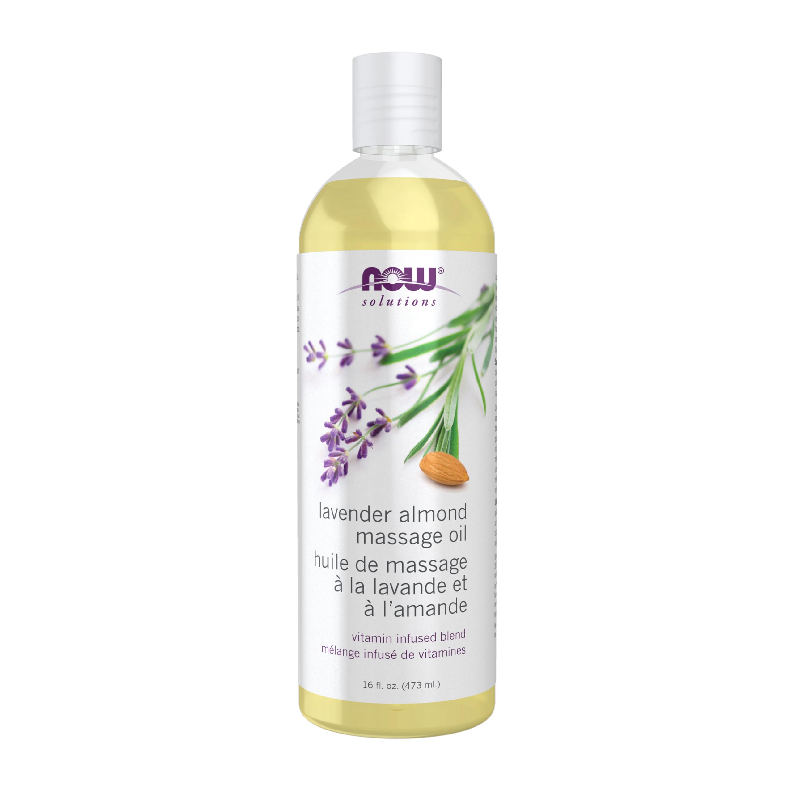 NOW Foods Lavender Almond Massage Oil bottle highlights a soothing, vitamin-infused blend