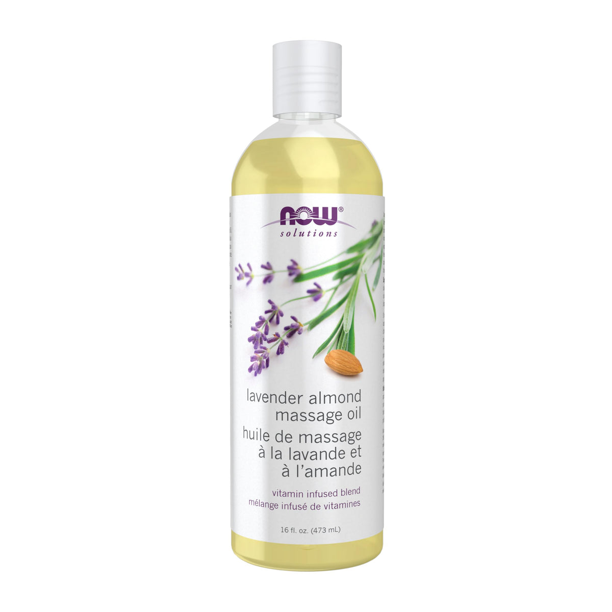 NOW Foods Lavender Almond Massage Oil bottle highlights a soothing, vitamin-infused blend