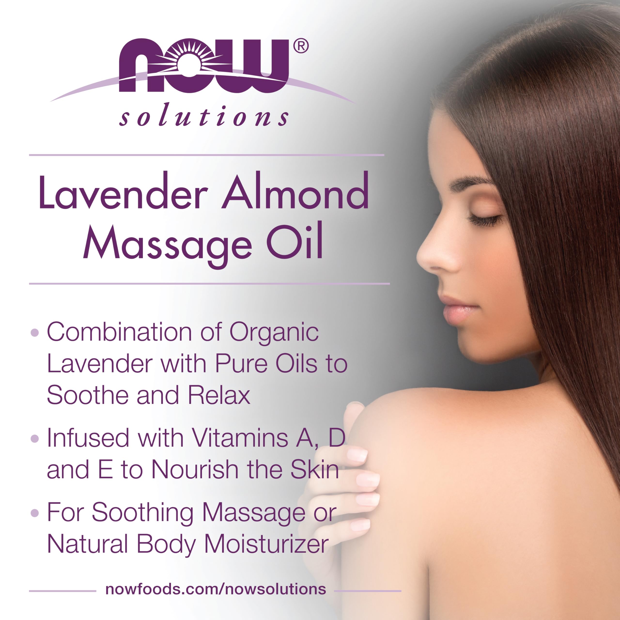 NOW Foods Lavender Almond Massage Oil ingredients closeup features natural oils and vitamins