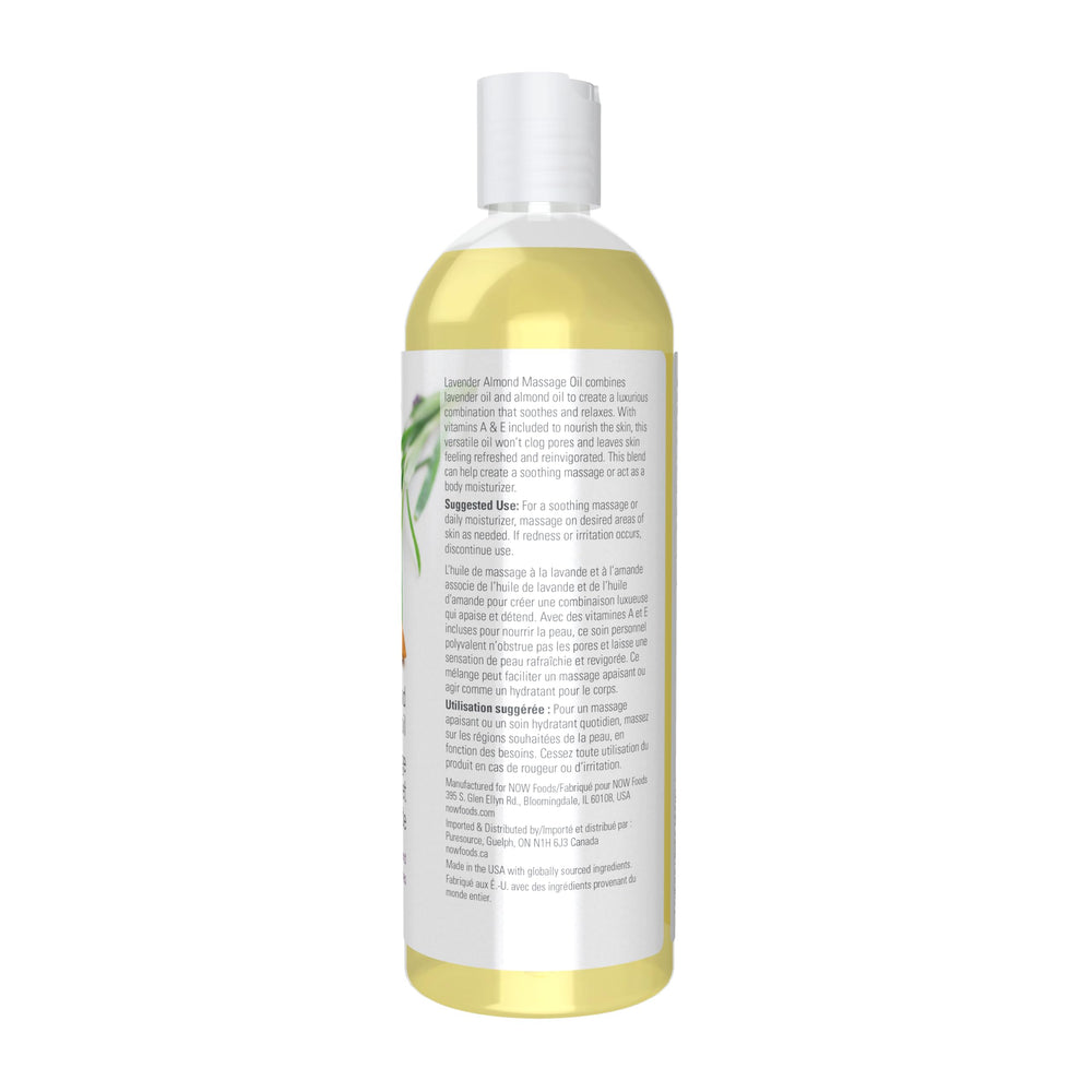 NOW Foods Lavender Almond Massage Oil with lavender blooms suggests calming aromatherapy benefits