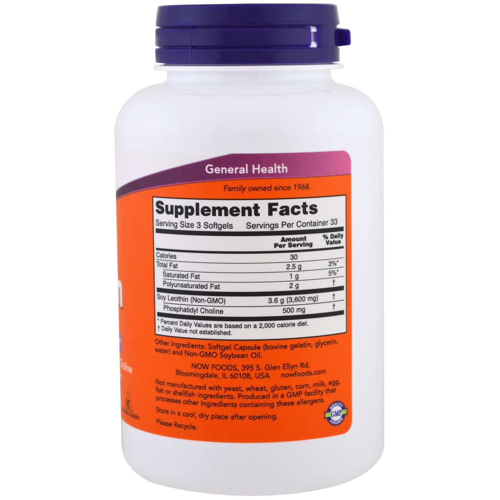 NOW Foods Lecithin Softgels capsules on label show phosphatidylcholine and emulsification benefits