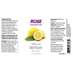 NOW Foods lemon essential oil bottle for fresh, zesty fragrance.