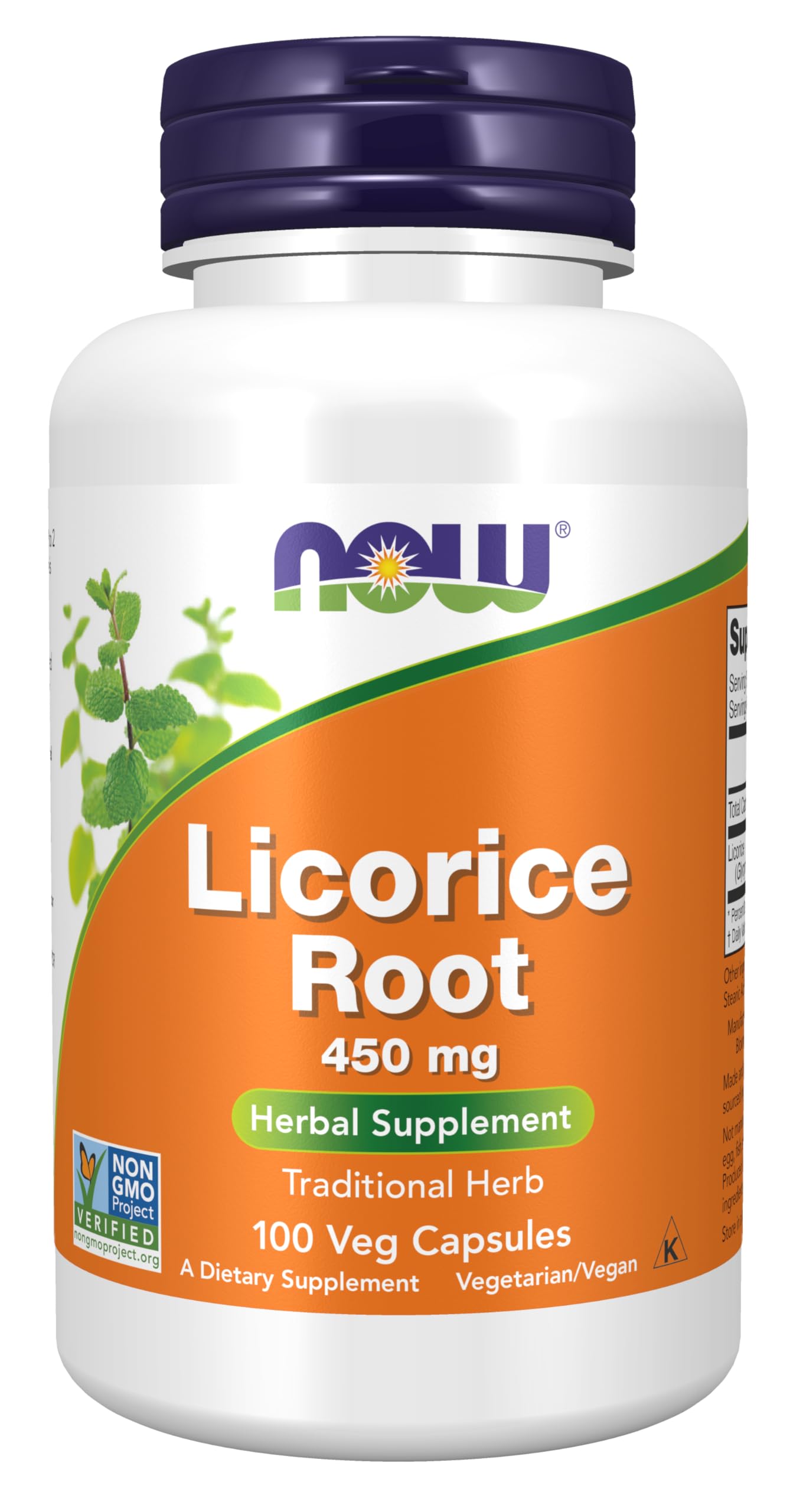 Now Foods Licorice Root 450 mg capsules on bottle label highlighting potency.