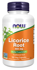 Now Foods Licorice Root 450 mg capsules on bottle label highlighting potency.