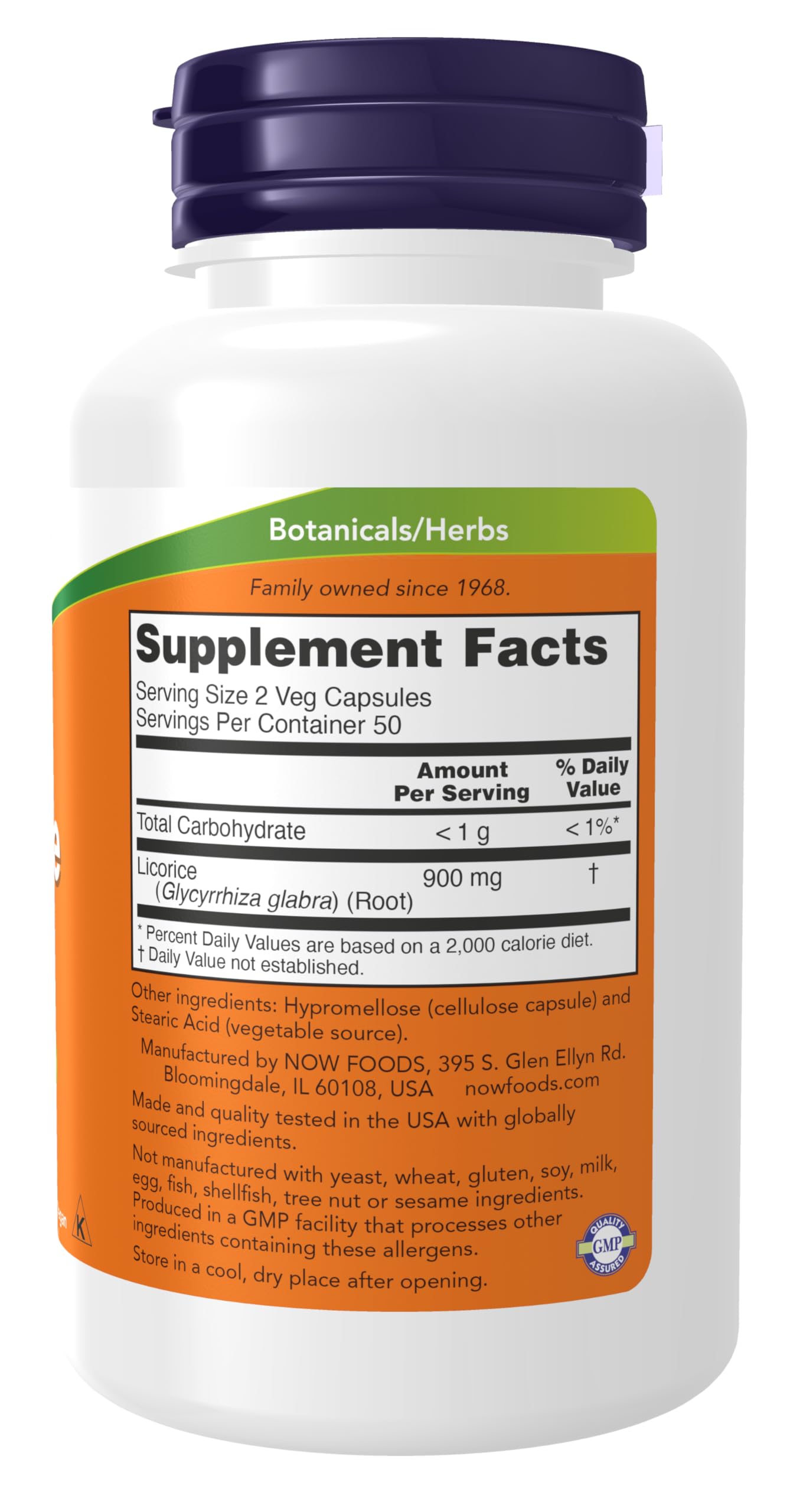 Now Foods Licorice Root label close-up showing traditional herb markings.