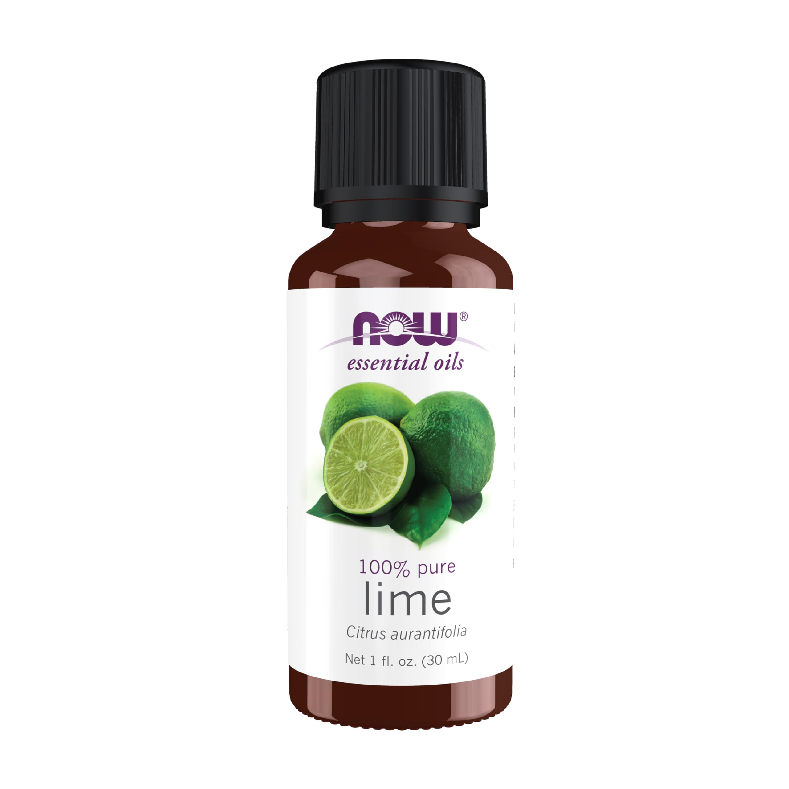 NOW Foods Lime Oil bottle shown for a fresh citrus aroma and uplifting mood.