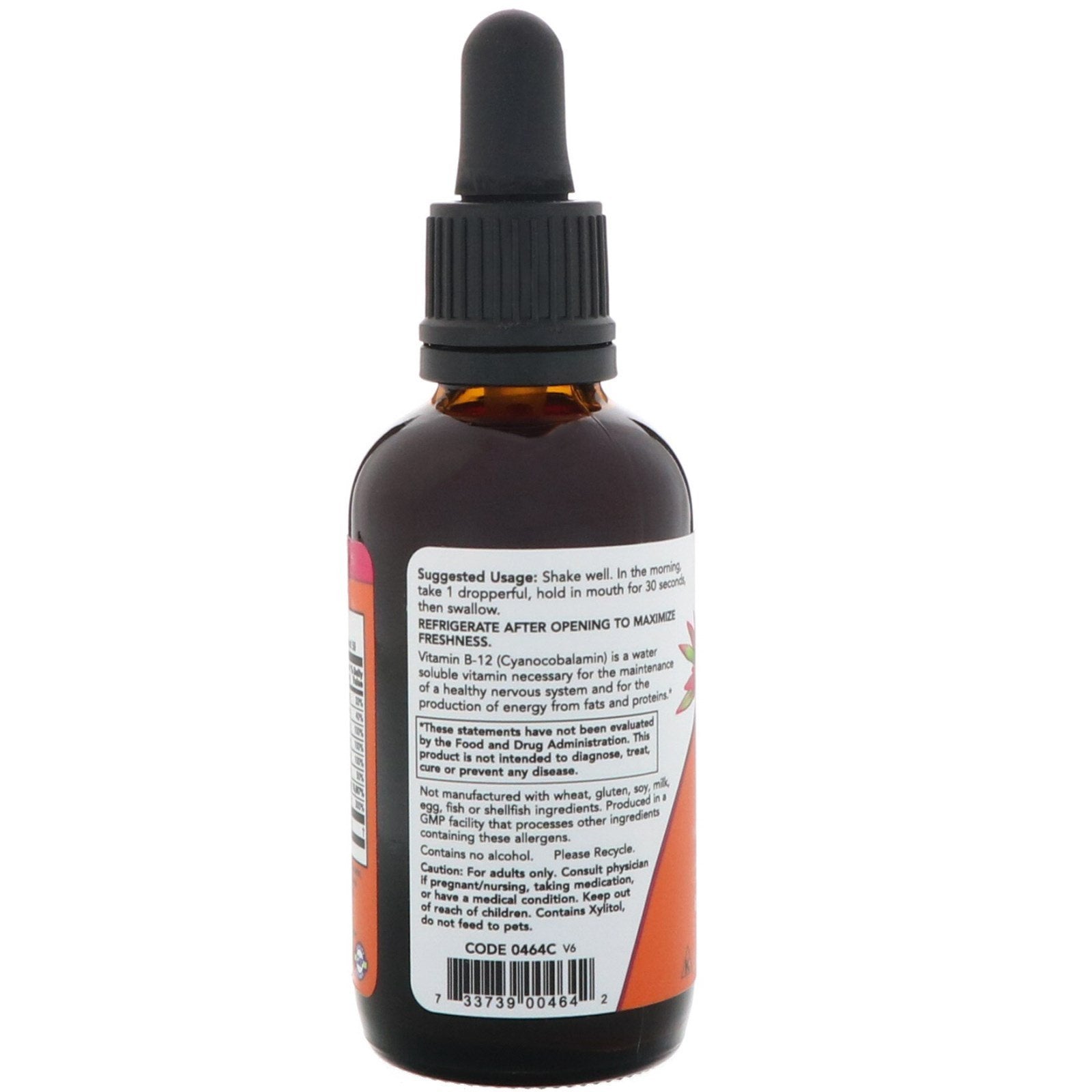 NOW Foods Liquid B-12 dispensing image shows convenient dropper for dosing.