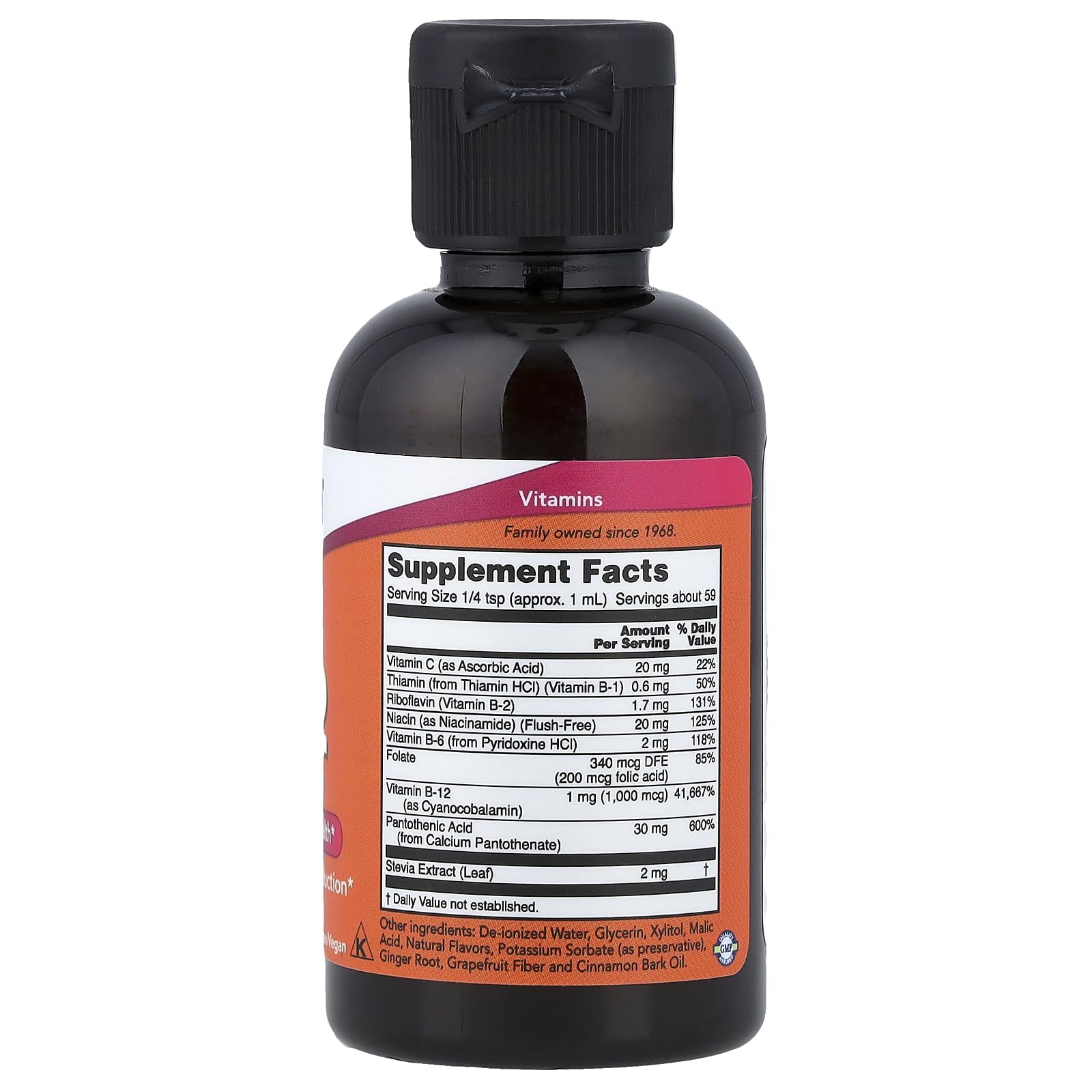 NOW Foods Liquid B-12 label closeup with non-GMO and kosher certification.