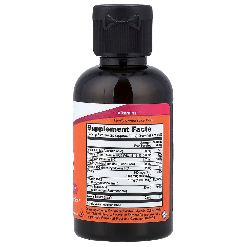 NOW Foods Liquid B-12 label closeup with non-GMO and kosher certification.
