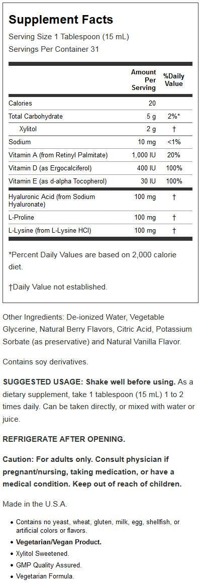 NOW Foods Liquid Hyaluronic Acid pour shows liquid texture for hydration.