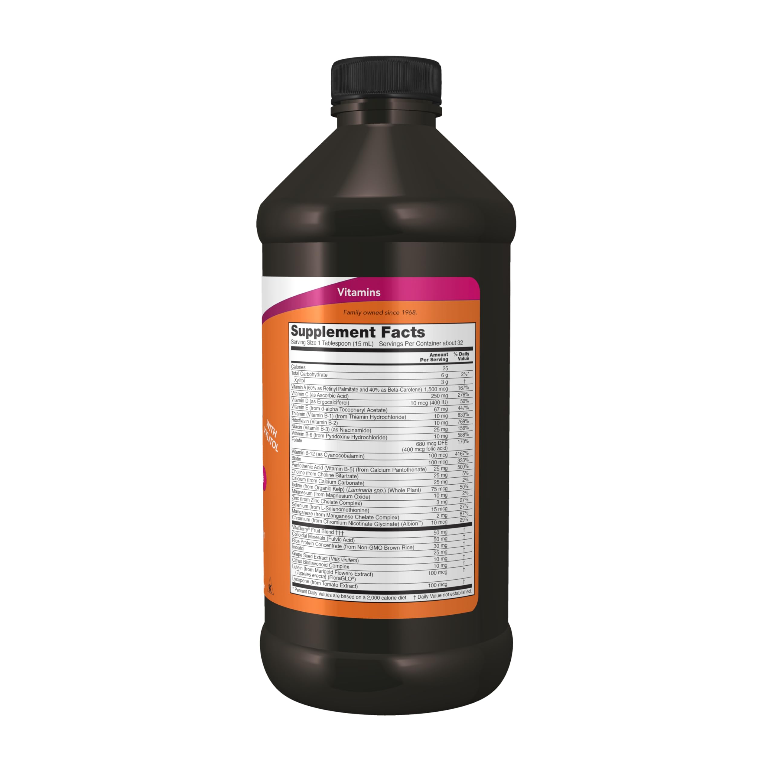 NOW Foods Liquid Multi being poured from the tropical orange bottle