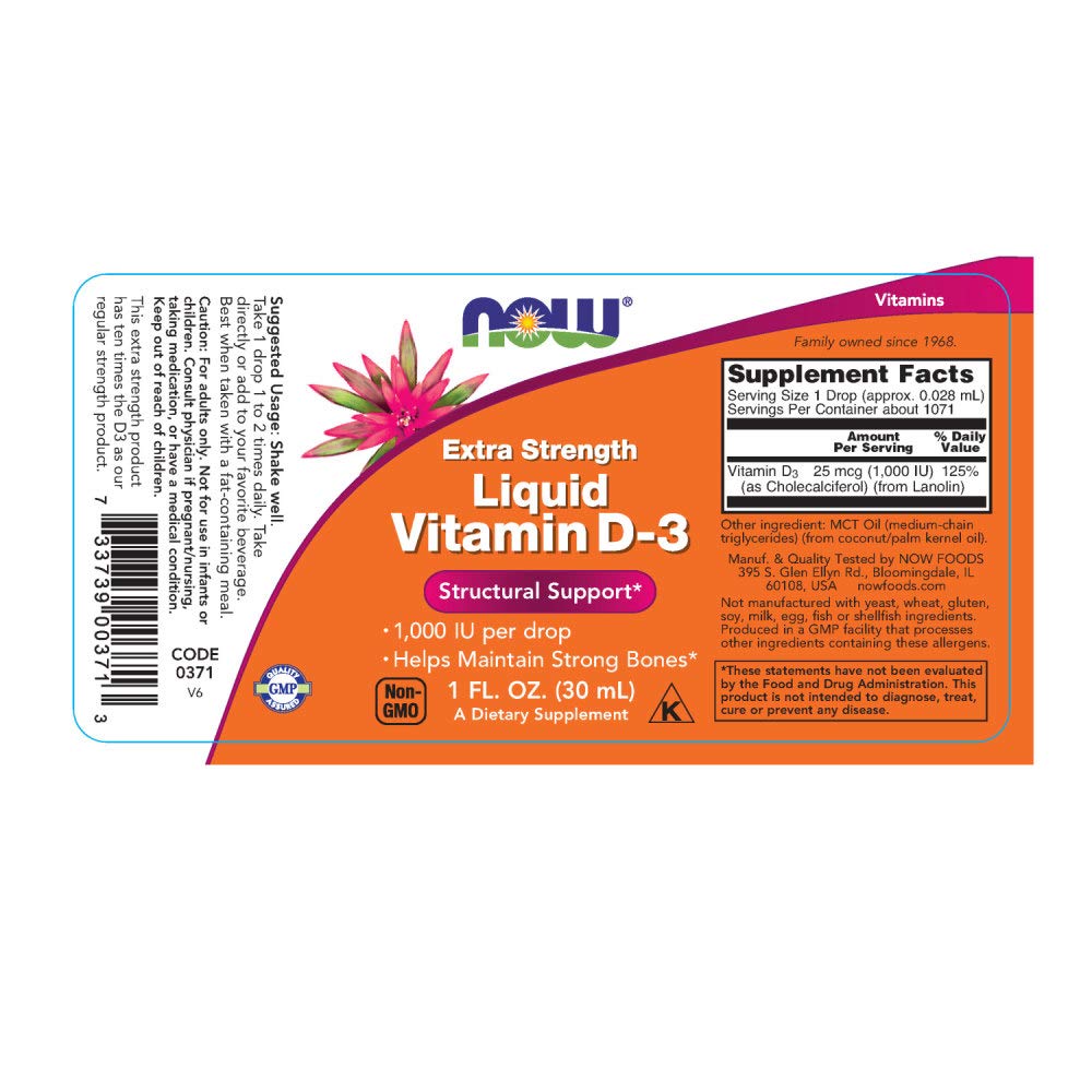 NOW Foods D3 liquid dropper dispensing precise daily dose