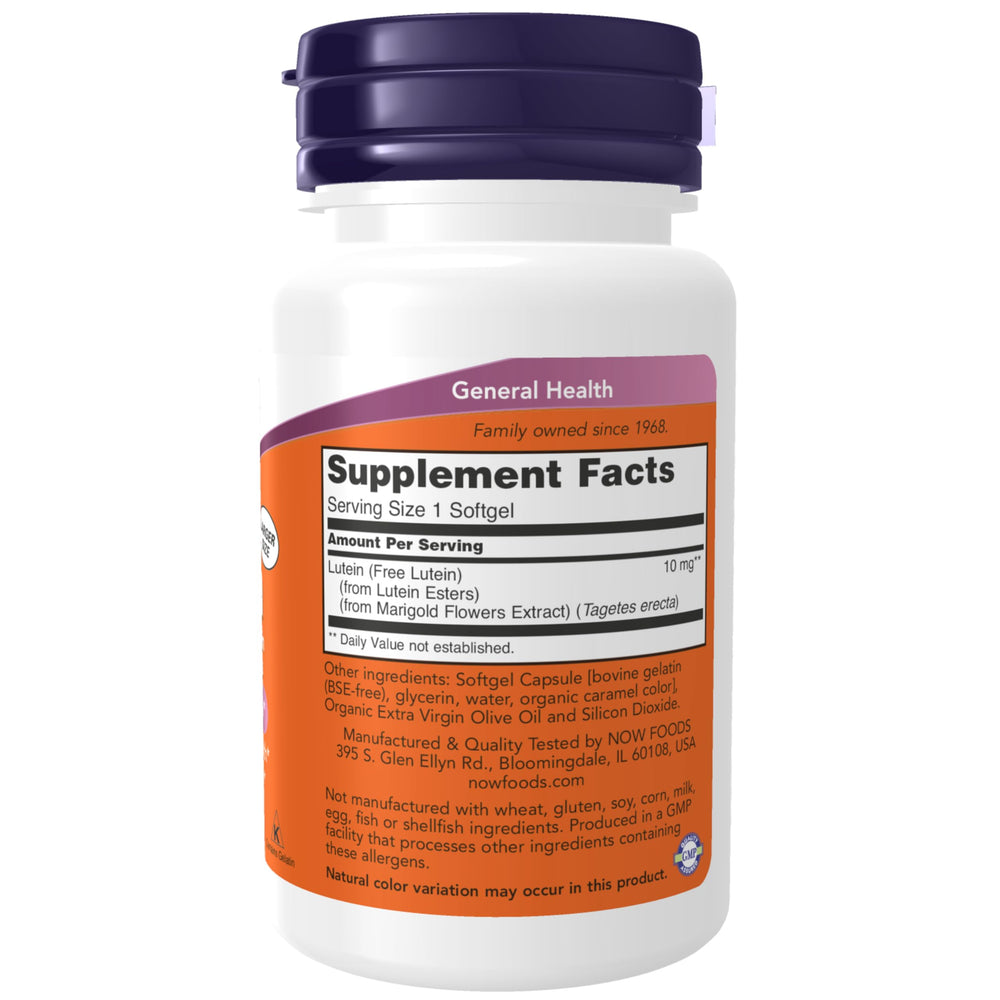 NOW Foods Lutein softgels near macula-focused illustration for central vision