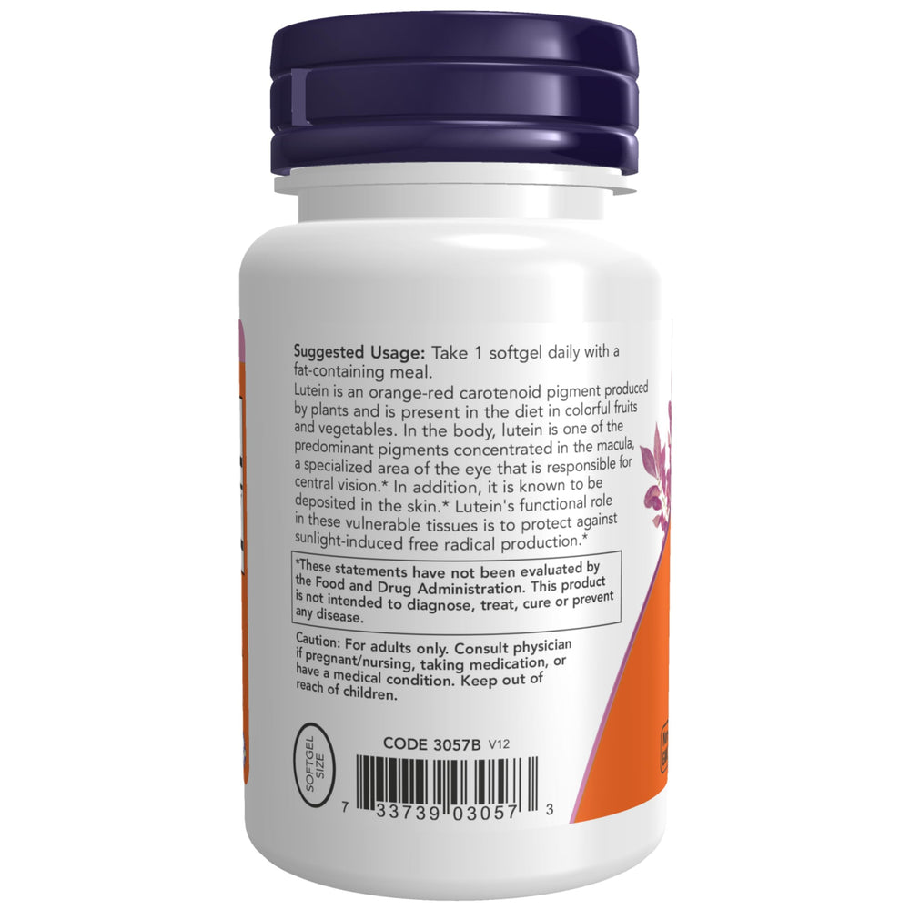 NOW Foods Lutein softgels with skin tone visualization showing pigment deposition