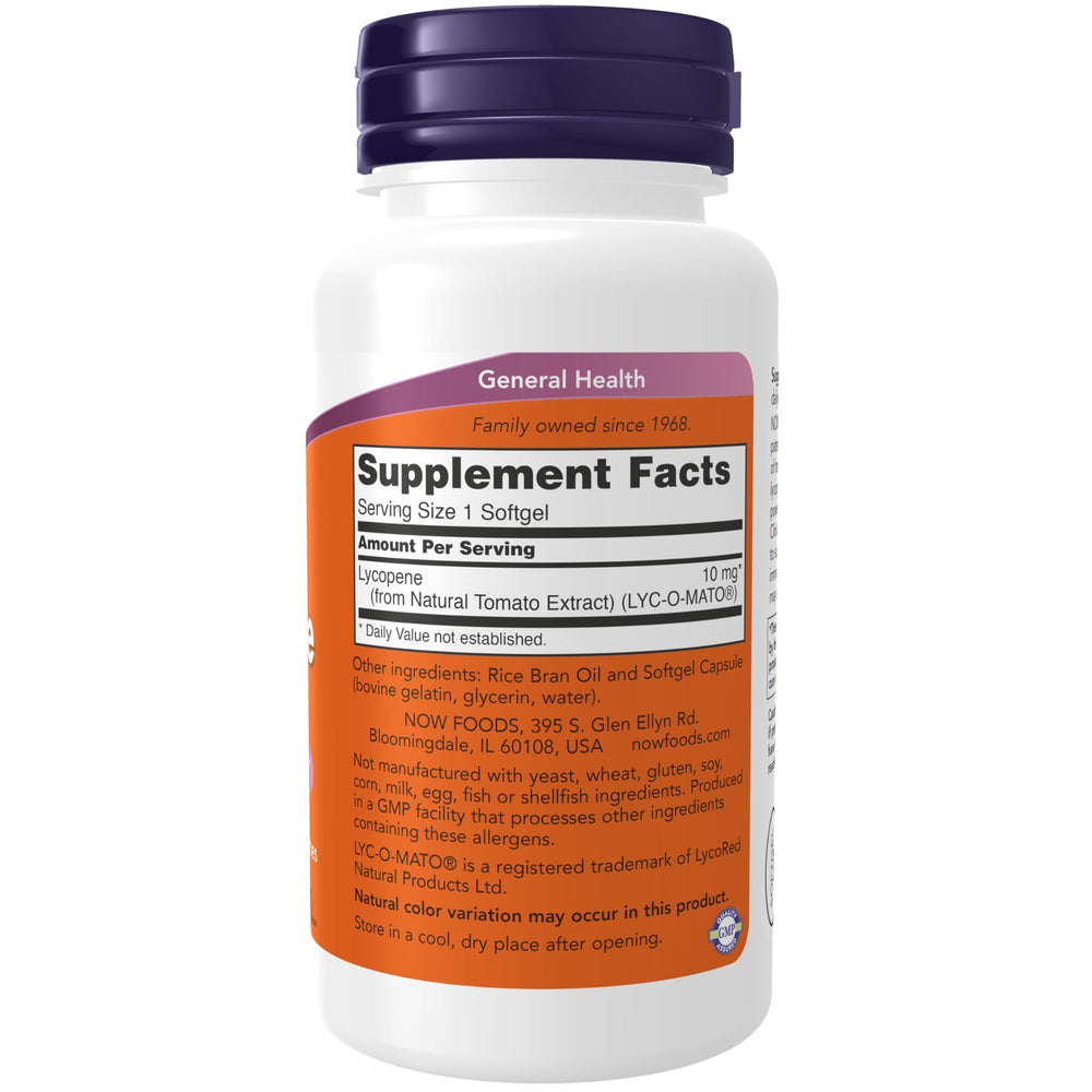 NOW Foods Lycopene bottle label highlights LYC-O-MATO tomato complex benefits