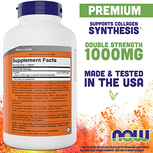 NOW Foods Lysine 1000mg tablets close-up showing easy daily use.