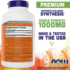 NOW Foods Lysine 1000mg tablets close-up showing easy daily use.