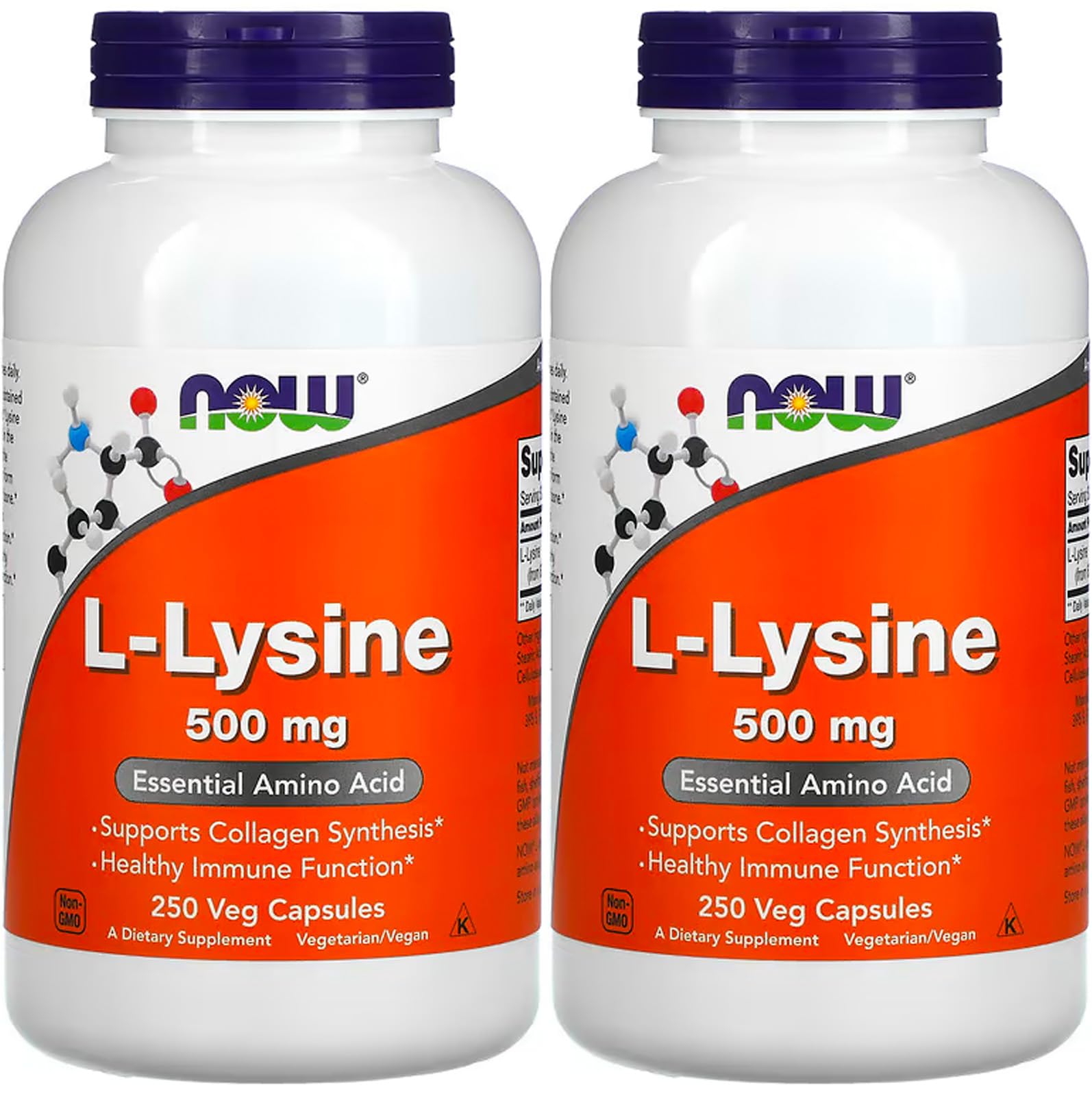 NOW Foods L-Lysine 500 mg bottle with capsules supports protein synthesis and connective tissue health.