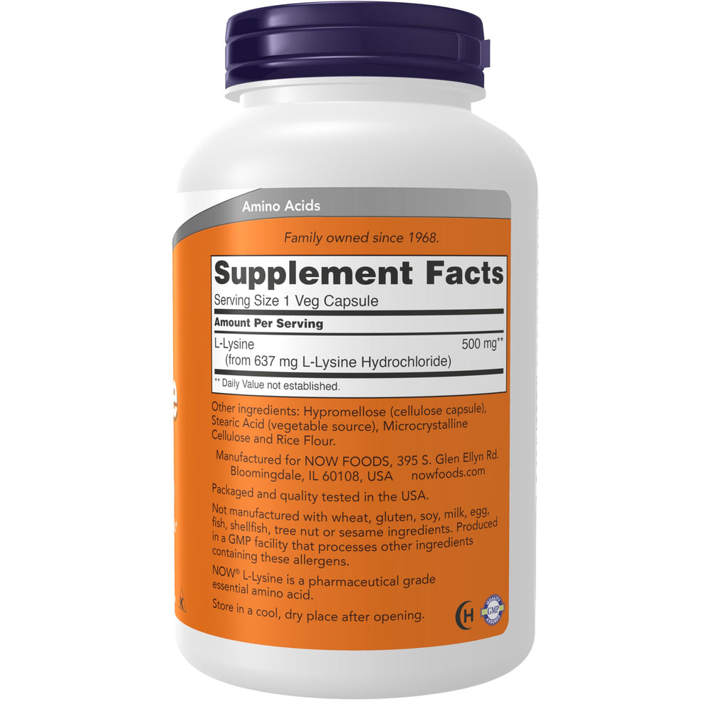 NOW Foods L-Lysine 500 mg capsules close-up, easy daily supplementation
