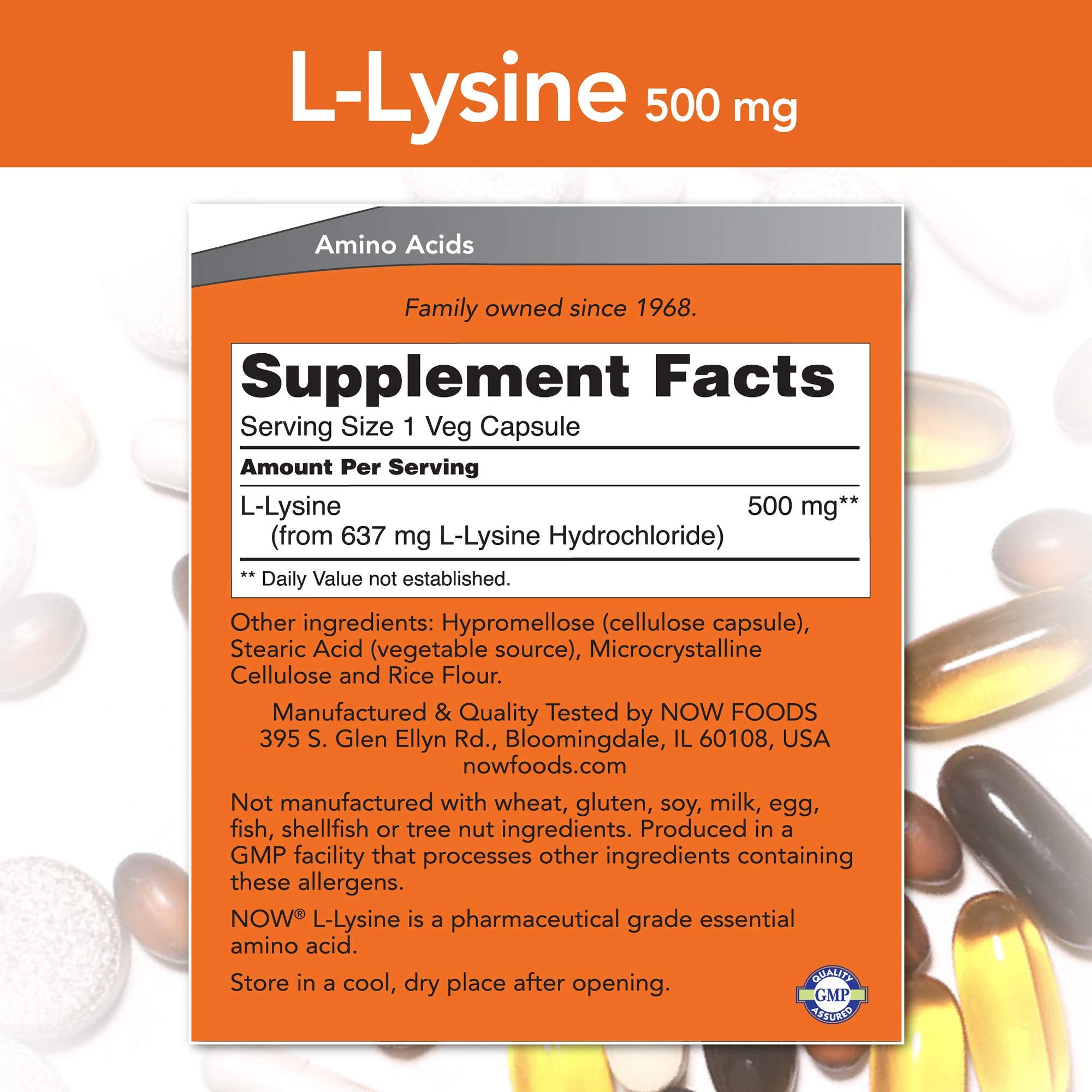 NOW Foods L-Lysine capsules in two-pack highlighting essential amino acid for daily protein intake