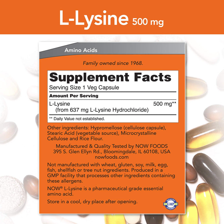 NOW Foods L-Lysine capsules in two-pack highlighting essential amino acid for daily protein intake