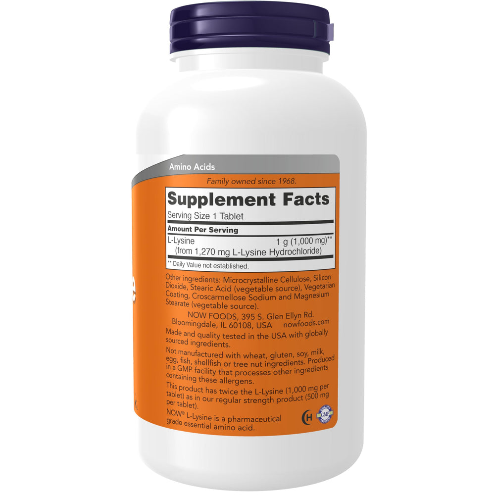 NOW Foods L-Lysine hydrochloride label close-up highlights vegan and non-GMO attributes.