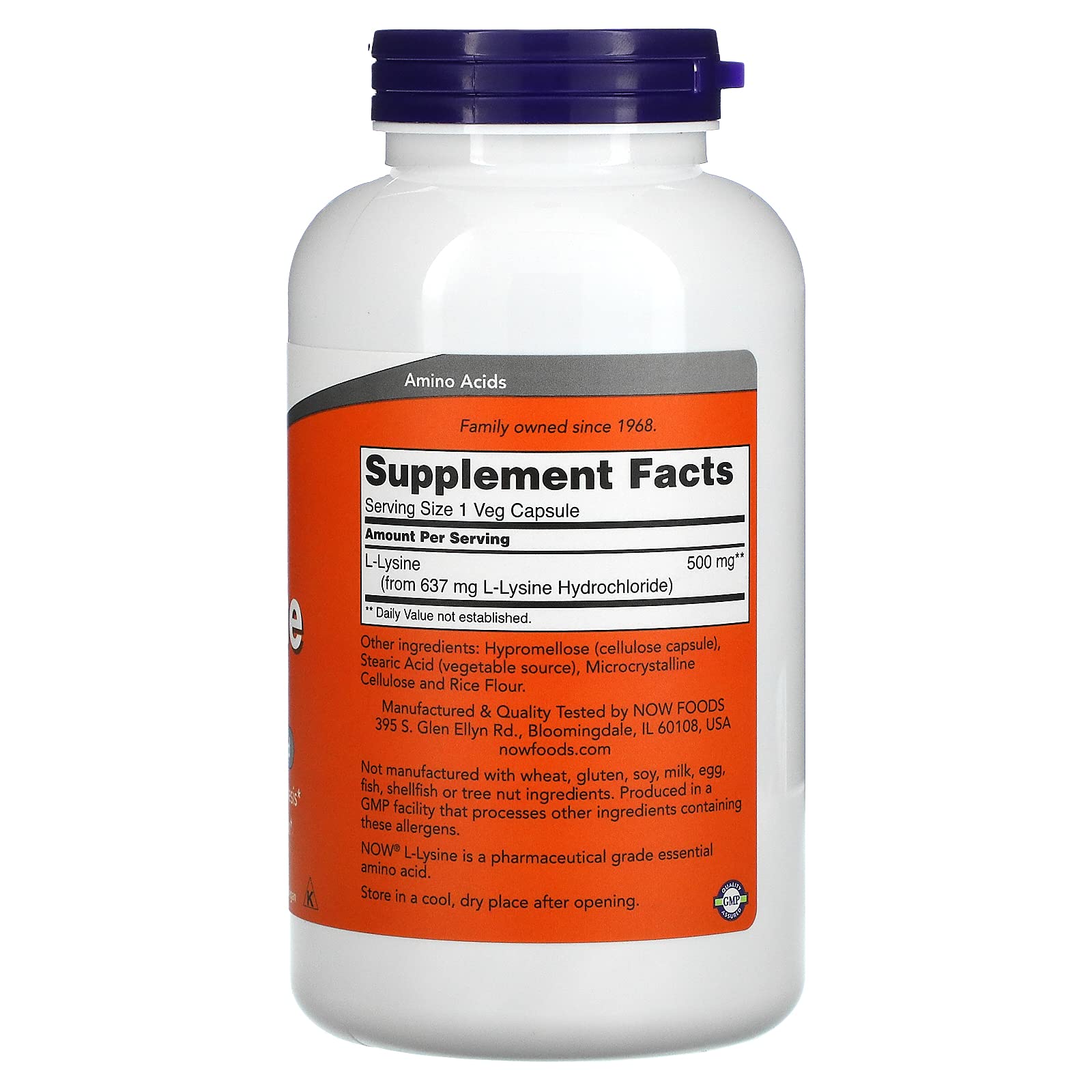 NOW Foods L-Lysine label closeup highlights pharmaceutical-grade amino acid in a vegetarian formula.