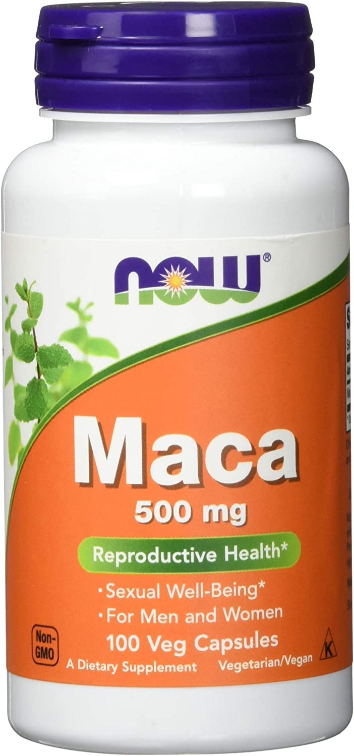 NOW Foods Maca 500 mg bottle close-up showing capsule packaging for energy support