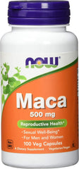 NOW Foods Maca 500 mg bottle close-up showing capsule packaging for energy support