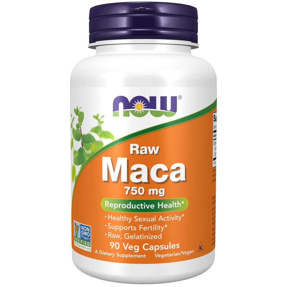 NOW Foods Maca gelatinized bottle front highlighting reproductive health support.