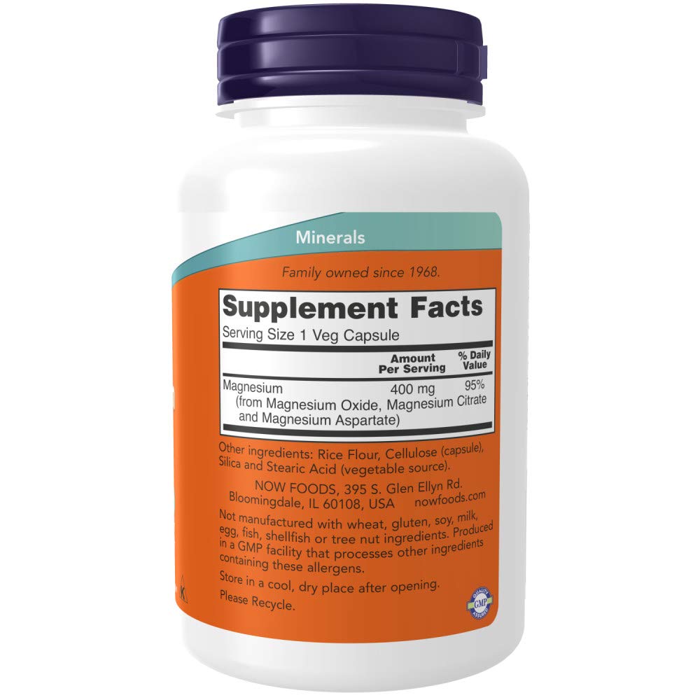 NOW Foods Magnesium 400mg bottle back view showing supplement facts