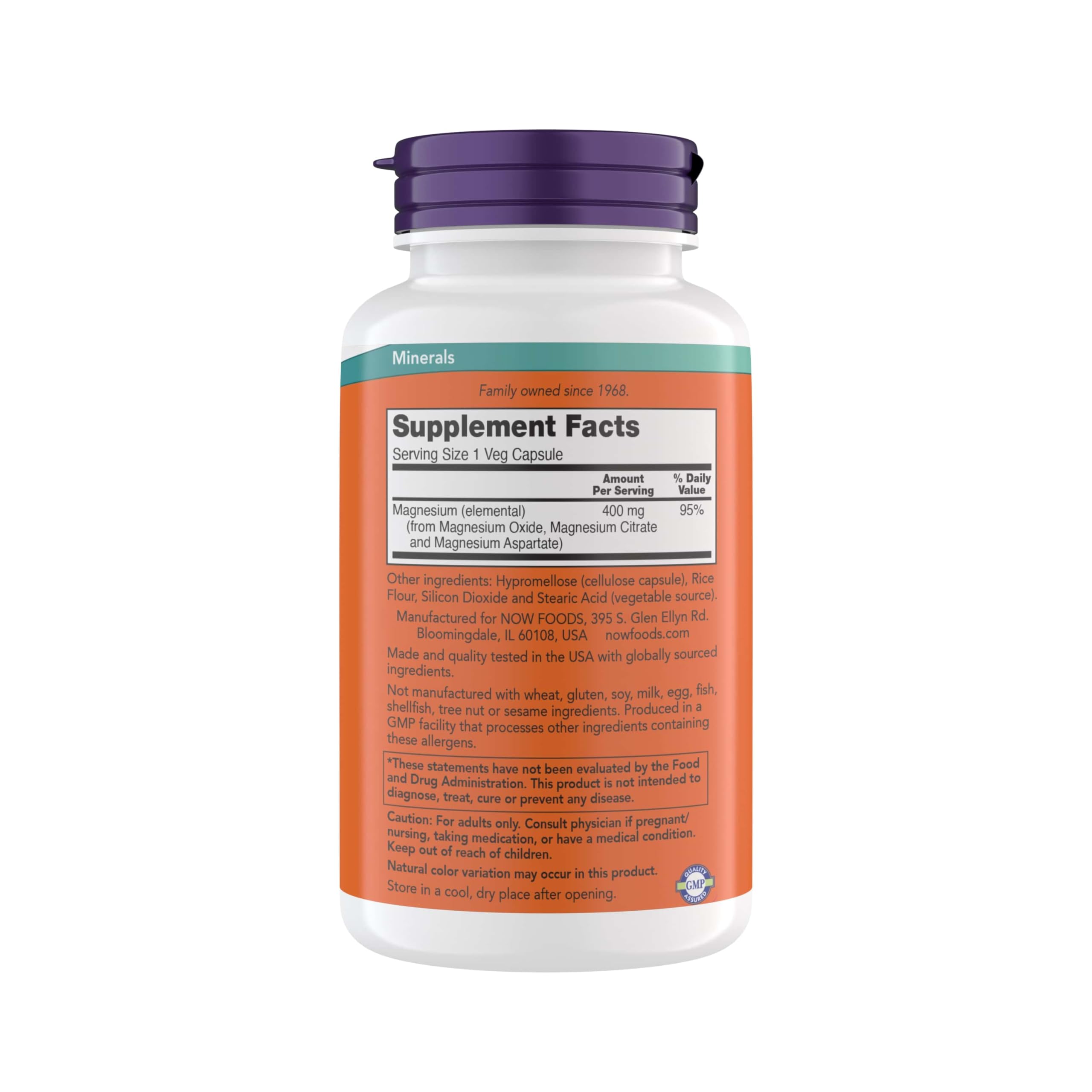 NOW Foods magnesium 400mg bottle label with dosage and certifications.