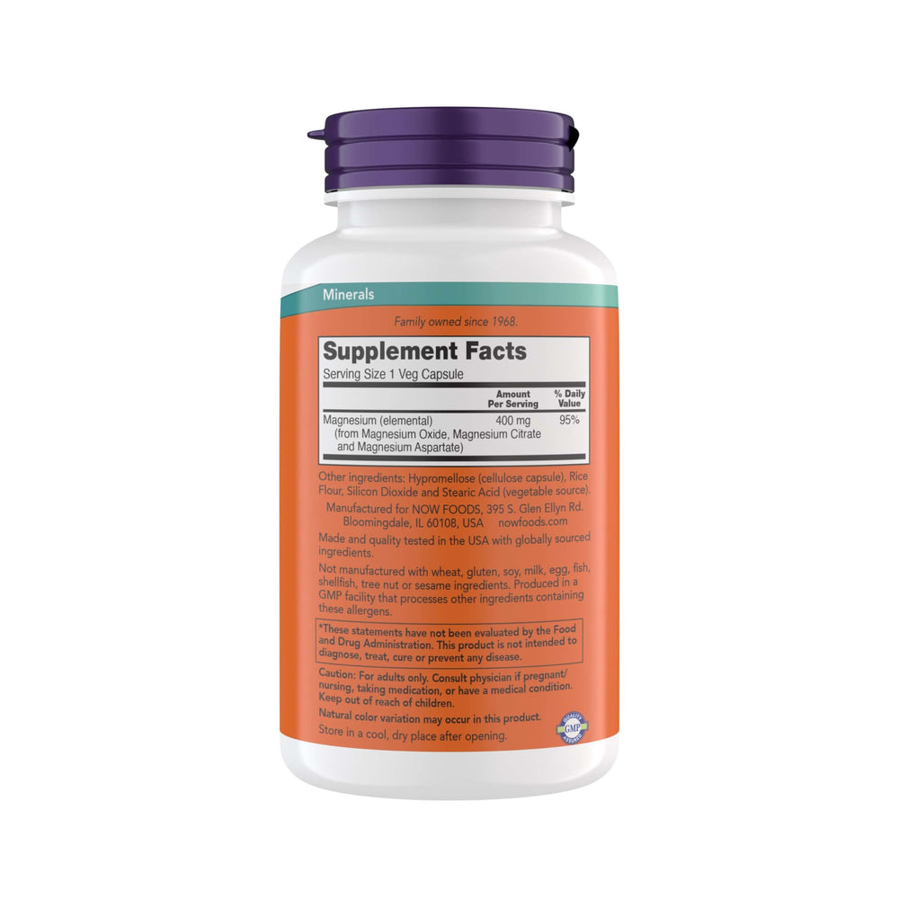 NOW Foods magnesium 400mg bottle label with dosage and certifications.