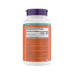 NOW Foods magnesium 400mg bottle label with dosage and certifications.