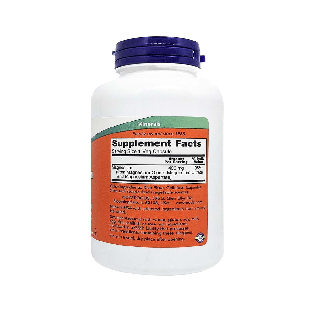NOW Foods Magnesium 400mg capsules closeup highlights vegetarian capsules for easy daily use.
