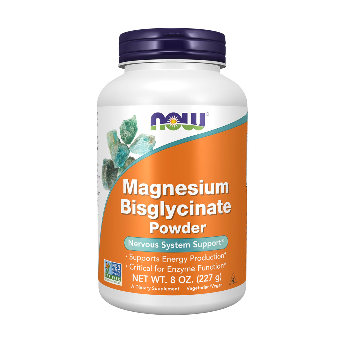 NOW Foods Magnesium Bisglycinate Powder bottle label showing energy support potential.