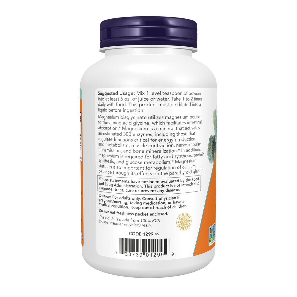 NOW Foods Magnesium Bisglycinate Powder being poured into a glass for convenient mixing.