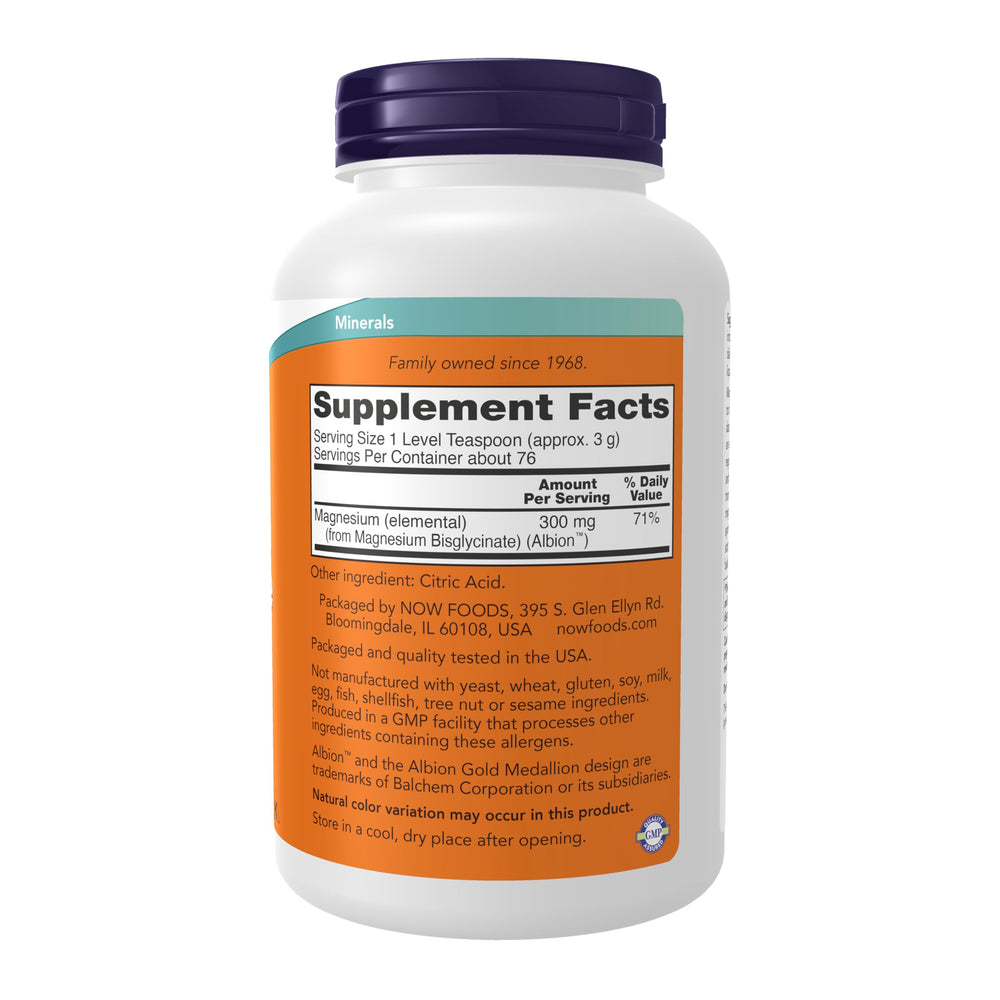 NOW Foods Magnesium Bisglycinate Powder with scoop ready for daily use and easy absorption.