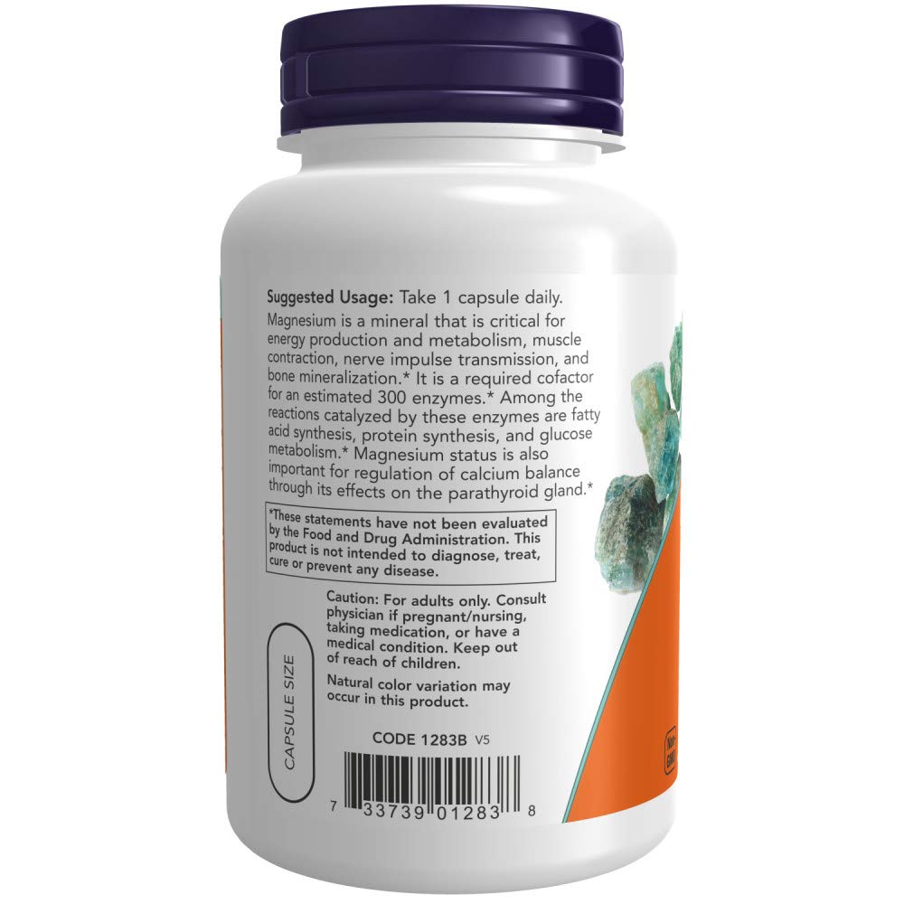 NOW Foods Magnesium capsules closeup emphasizing 400 mg per capsule