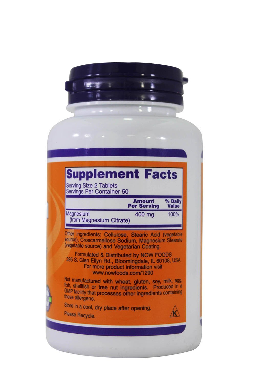 NOW Foods Magnesium Citrate tablets pouring showing easy-to-swallow form and convenient serving
