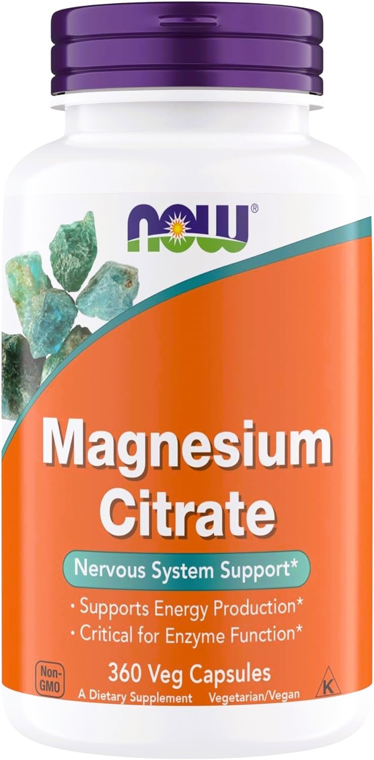 Now Foods Magnesium Citrate bottle closeup supports daily energy and nervous system function.