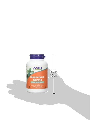 NOW Foods Magnesium Citrate caps 120 Vcaps bottle on shelf suggesting reliable daily supplement.